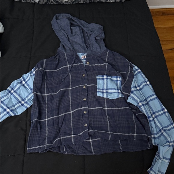 unsure Tops - Women's Plaid Hooded Long Sleeve Shirt - Blue